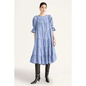 Merlette Paradis Tiered Midi Dress L Puff Sleeve Pima Cotton Dusty Blue Cottage